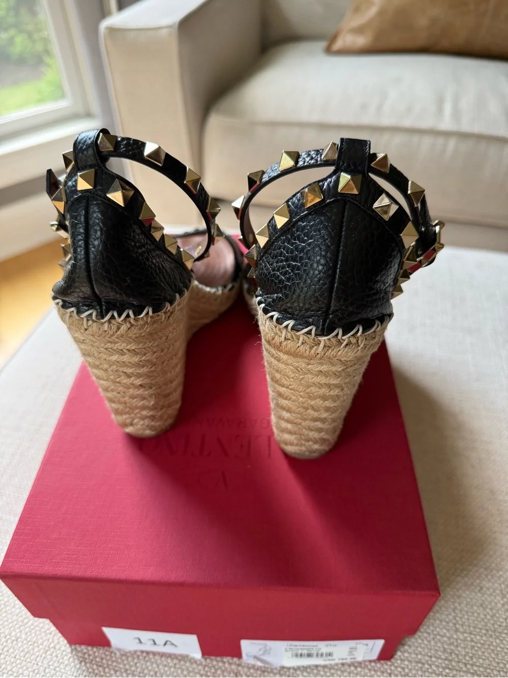 Valentino Black Leather Espadrille Wedge Sandals with Gold Studs